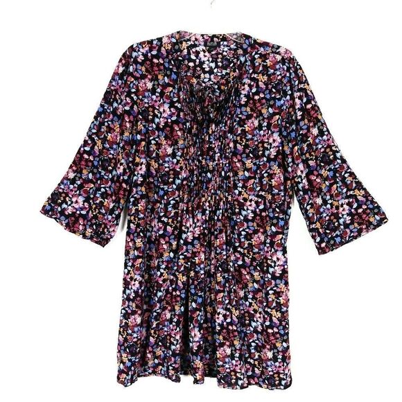 A.n.a. Black Floral Tie Neck 3/4 Sleeve Mini Dress - Picture 1 of 5